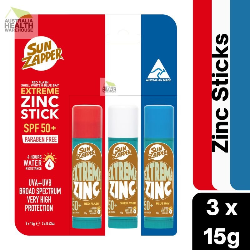 Sun Zapper Extreme Zinc Sticks SPF 50+ Mixed Pack 3 x 15g Red, White & Blue