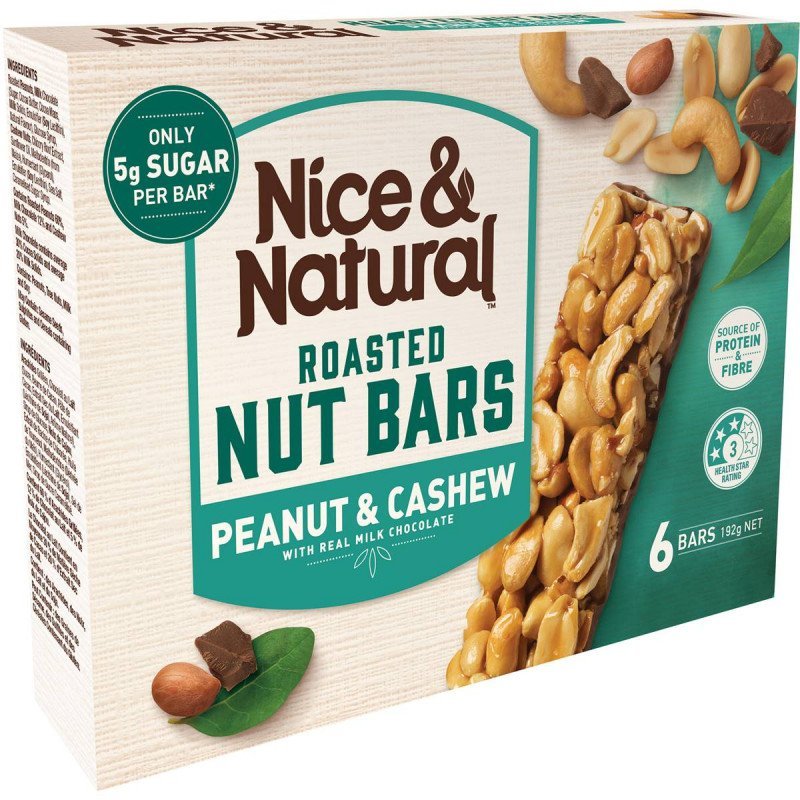 [CLEARANCE Expiry: 20/01/2025] Nice & Natural Roasted Nut Bars Peanut & Cashew with Real Milk Chocolate 6 Bars 192g