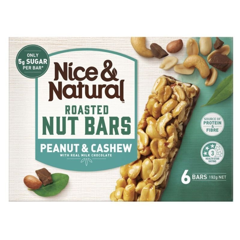 [CLEARANCE Expiry: 20/01/2025] Nice & Natural Roasted Nut Bars Peanut & Cashew with Real Milk Chocolate 6 Bars 192g