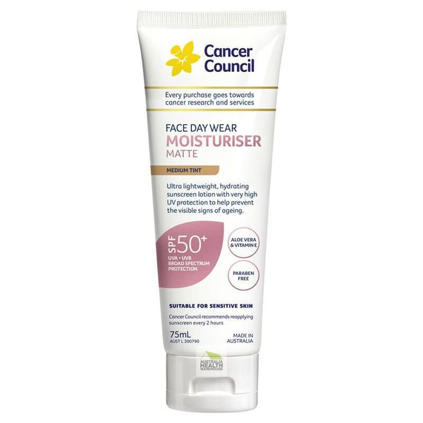 [Expiry: 08/2026] Cancer Council SPF 50+ Face Day Wear Moisturiser Face Matte Medium Tint 75ml Tube