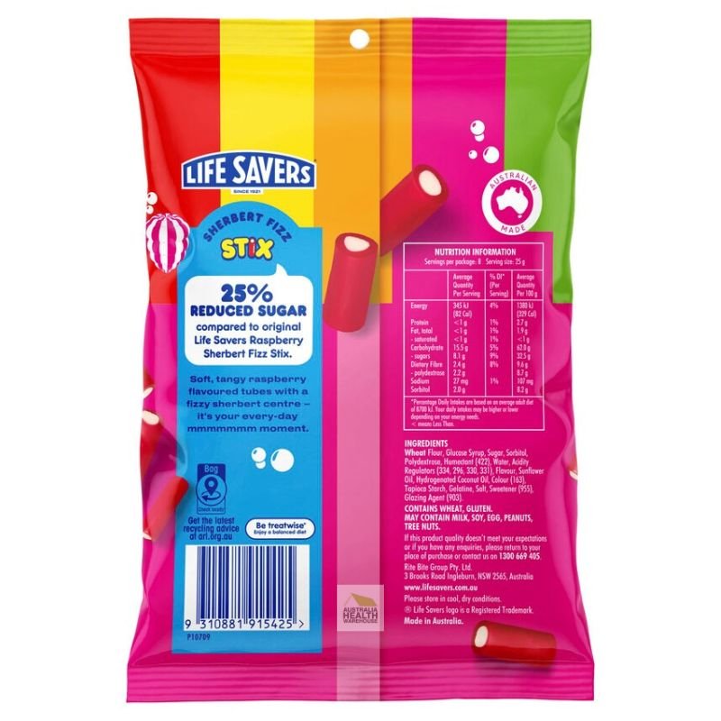 [CLEARANCE Expiry Date: 22/10/2024] Lifesavers 25% Reduced Sugar Raspberry Sherbert Fizz Stix 200g