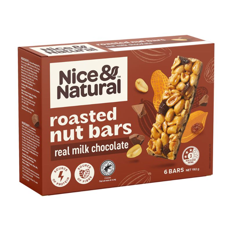 [CLEARANCE Expiry: 20/01/2025] Nice & Natural Roasted Nut Bars Real Milk Chocolate 6 Bars 192g