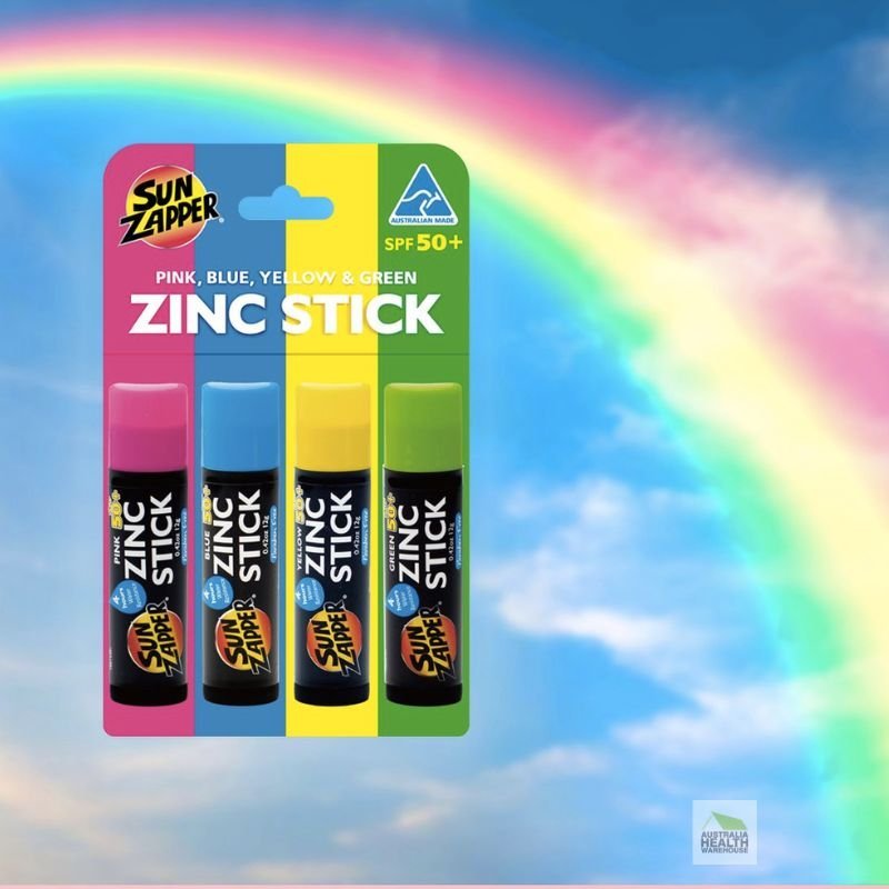 Sun Zapper Zinc Sticks SPF 50+ Mixed Pack 4 x 12g Pink, Blue, Yellow & Green