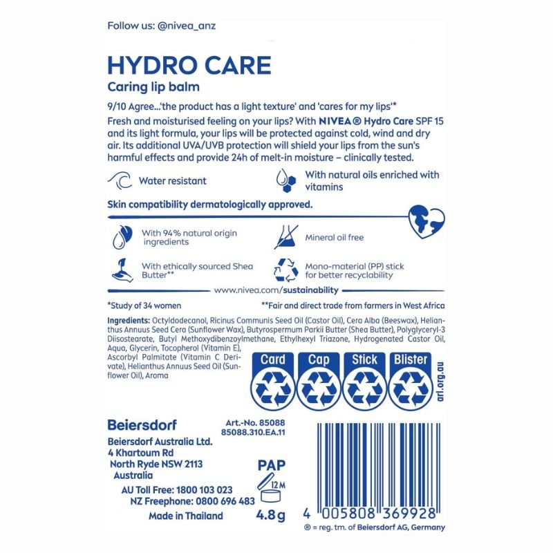 Nivea Lip Care Hydro Care SPF15 4.8g