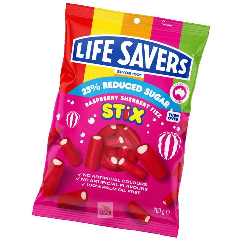 [CLEARANCE Expiry Date: 22/10/2024] Lifesavers 25% Reduced Sugar Raspberry Sherbert Fizz Stix 200g