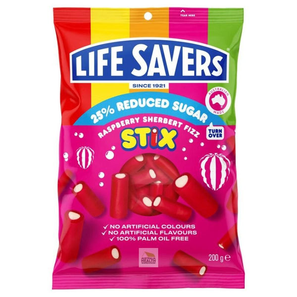 [Expiry Date: 22/10/2024] Lifesavers 25% Reduced Sugar Raspberry Sherbert Fizz Stix 200g