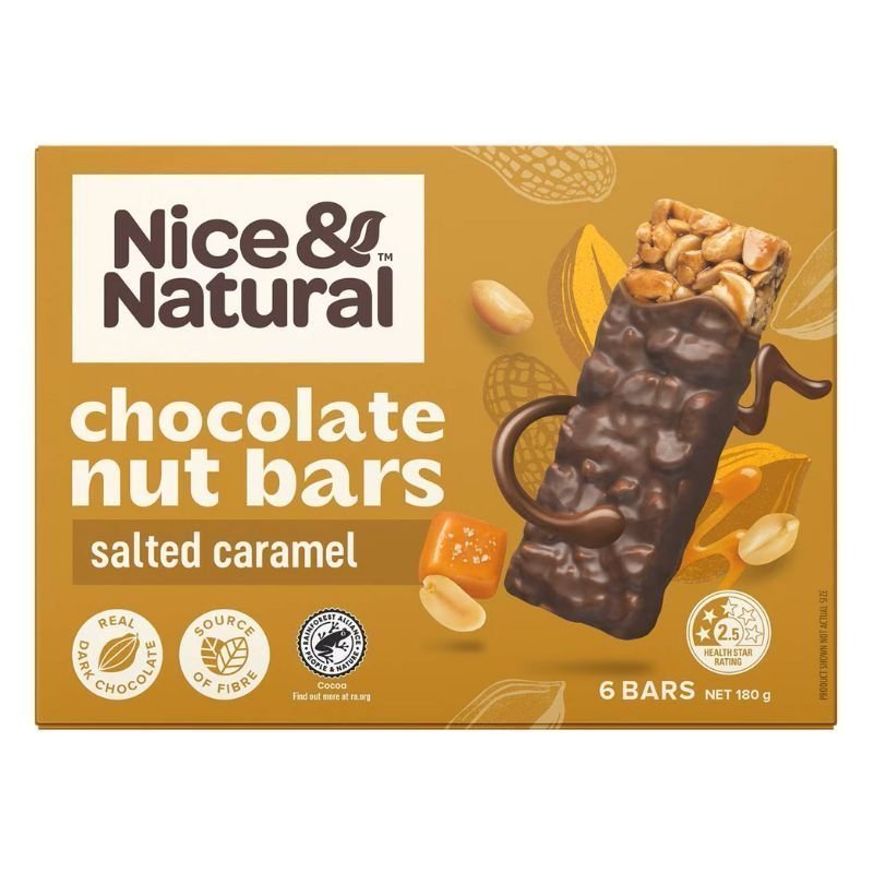 [CLEARANCE Expiry: 26/11/2024] Nice & Natural Chocolate Nut Bars Salted Caramel 6 Bars 180g