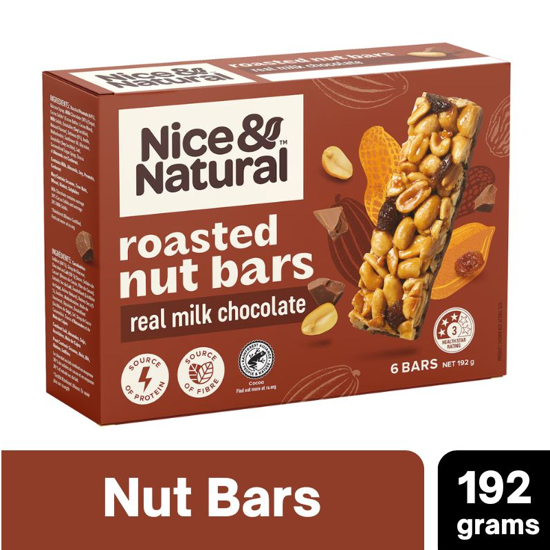 [CLEARANCE Expiry: 20/01/2025] Nice & Natural Roasted Nut Bars Real Milk Chocolate 6 Bars 192g