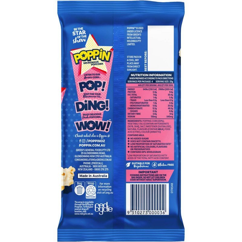 [Expiry: 21/06/2025] Poppin Microwave Popcorn Sweet & Salty Flavour 100g