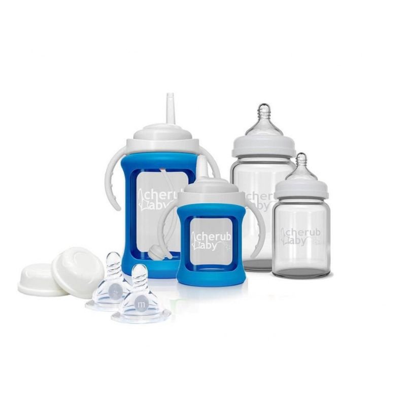 Cherub Baby Glass Bottle Wide Neck Starter Kit (0 Months+ & above) - Blue