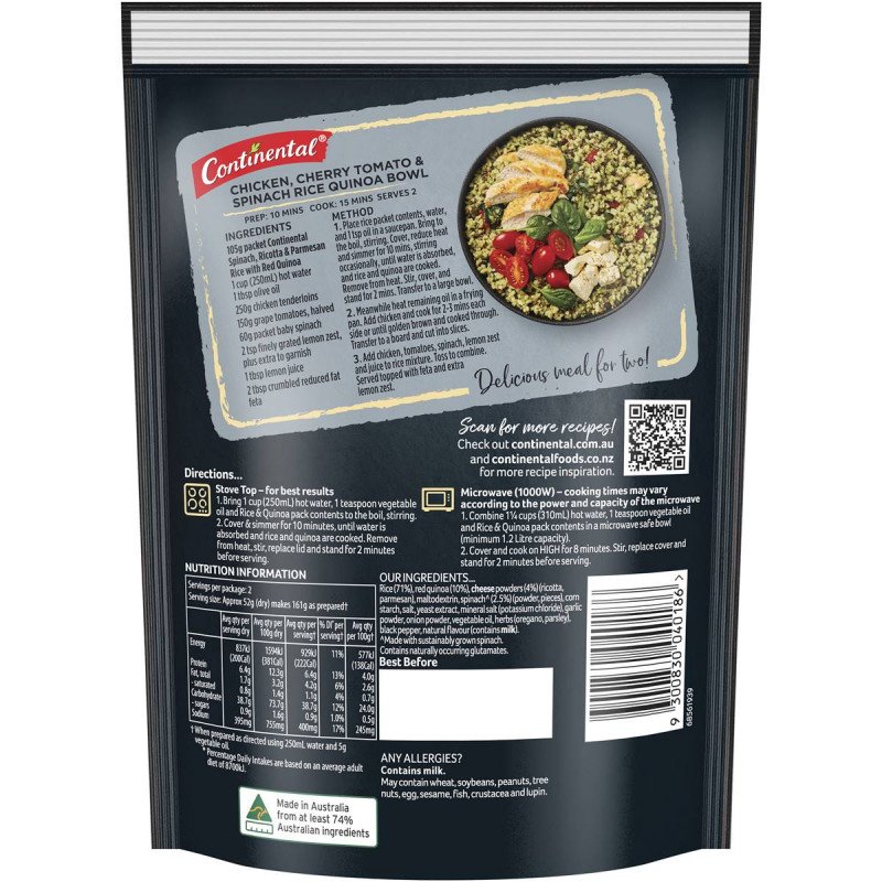 [CLEARANCE EXPIRY: 24/04/2024] Continental Rice Sensations Spinach Ricotta & Parmesan with Red Quinoa 105g