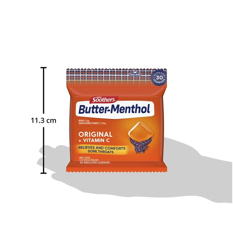 [Expiry: 07/2025] Soothers Butter-Menthol Original + Vitamin C Sore Throat Lozenges 30 Multipack