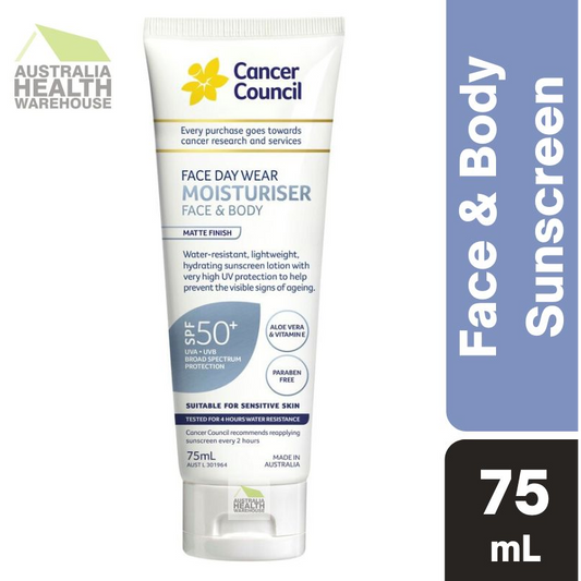 [Expiry: 08/2026] Cancer Council Face Day Wear Moisturiser Face & Body Matte Finish SPF 50+ 75mL (Blue)