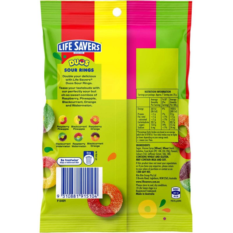 [CLEARANCE: 17/04/2024] Lifesavers Duos Sour Rings 180g