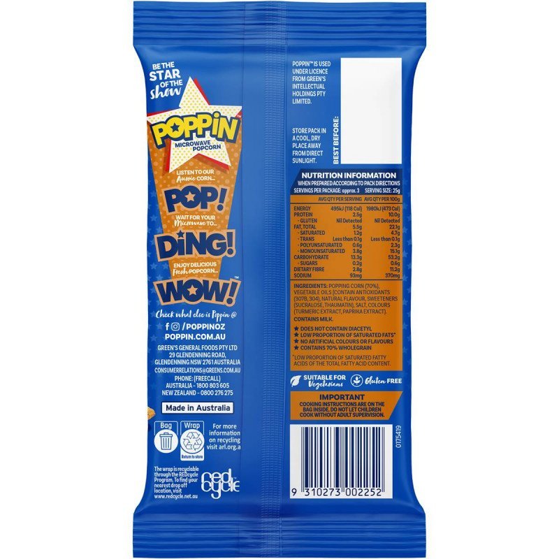 Poppin Microwave Popcorn Cinnamon Donut Flavour 85g [29 January 2024]