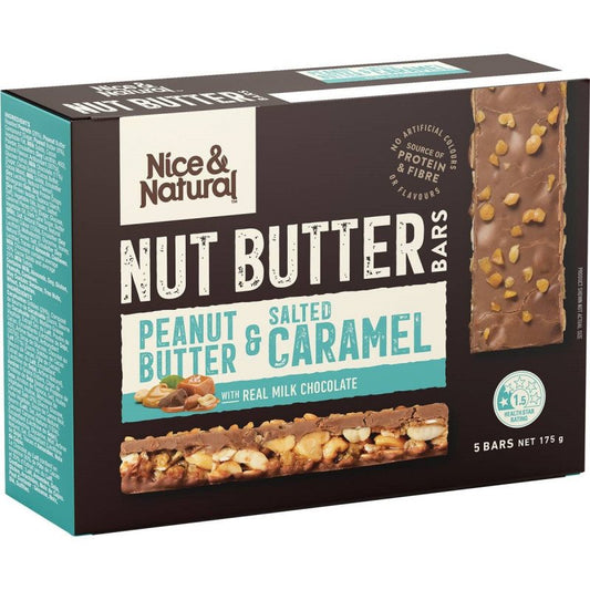 [CLEARANCE: 26/03/24] Nice & Natural Nut Butter Bars Peanut Butter & Salted Caramel with Real Milk Chocolate 5 Bars 175g