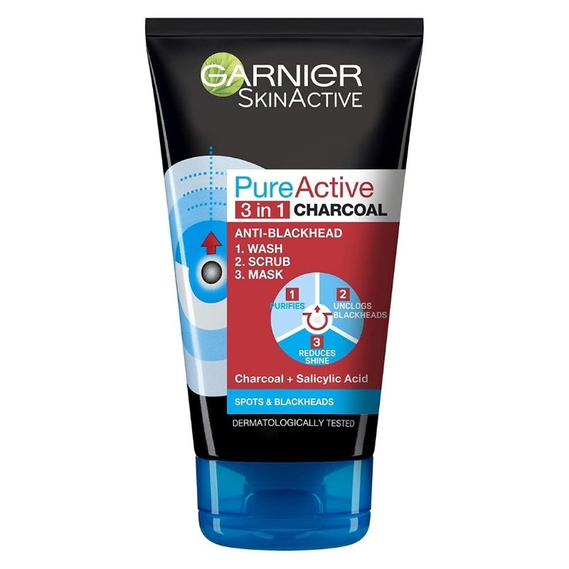 Garnier Pure Active 3 in 1 Charcoal Anti-Blackhead Wash Scrub & Mask 150mL