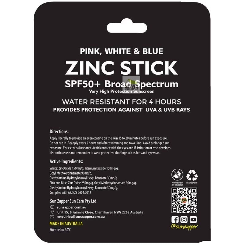 Sun Zapper Zinc Sticks SPF 50+ Mixed Pack 3 x 12g Pink, White & Blue