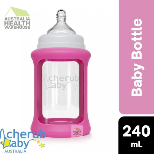 Cherub Baby Glass Bottles Wide Neck 240ml (3 months+) Single Pack - Pink