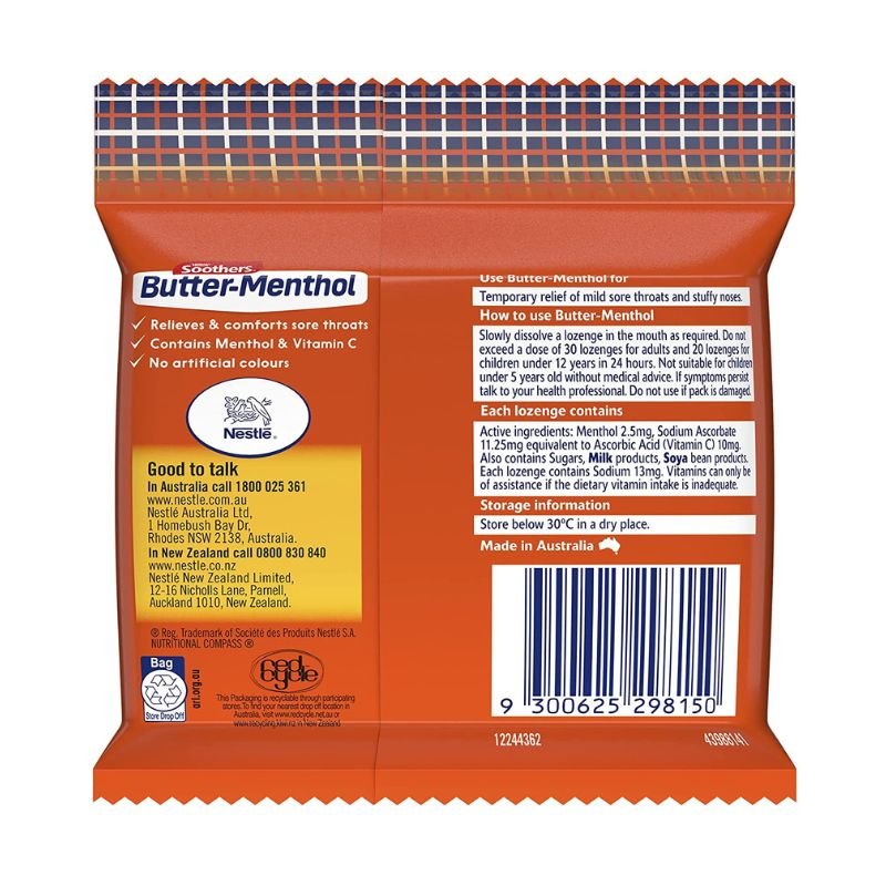 [Expiry: 07/2025] Soothers Butter-Menthol Original + Vitamin C Sore Throat Lozenges 30 Multipack