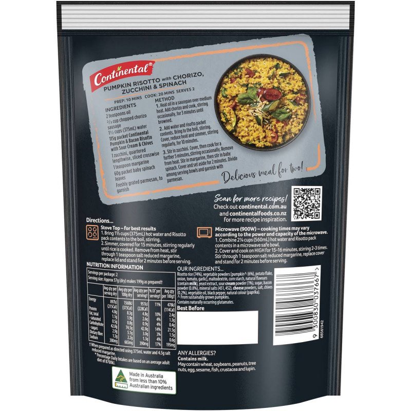 [CLEARANCE: 14/04/2024] Continental Risotto Sensations Pumpkin & Bacon with Sour Cream & Chives 115g