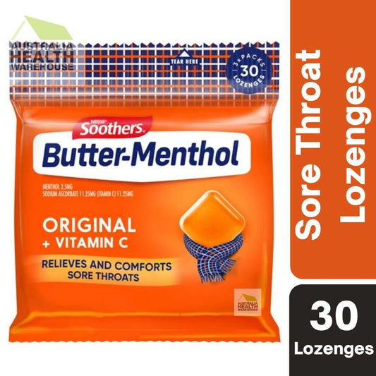 [Expiry: 07/2025] Soothers Butter-Menthol Original + Vitamin C Sore Throat Lozenges 30 Multipack