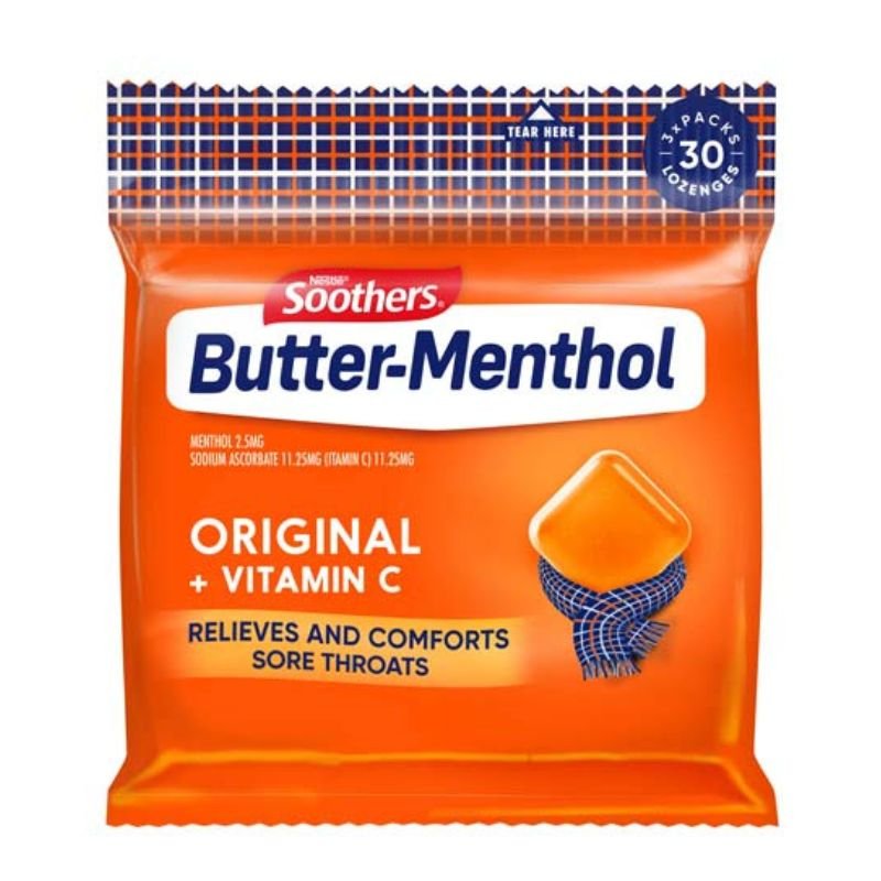 [Expiry: 07/2025] Soothers Butter-Menthol Original + Vitamin C Sore Throat Lozenges 30 Multipack