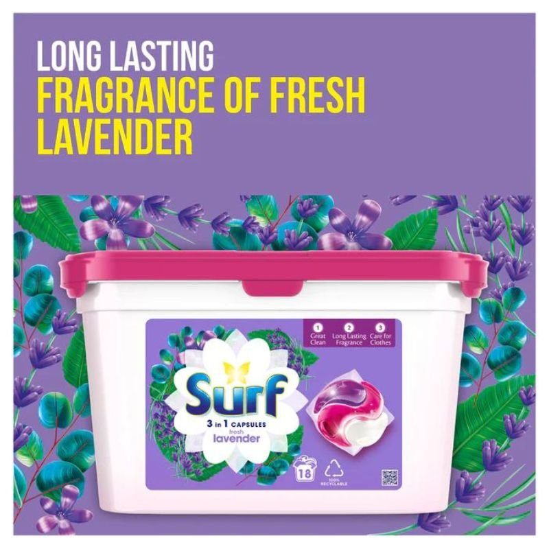 Surf Fresh Lavender 3 in 1 Laundry Washing Capsules 18 Washes