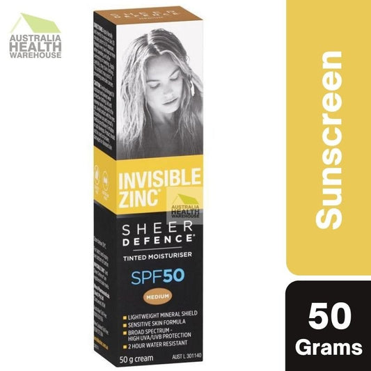 [Expiry: 02/2026] Invisible Zinc Sheer Defence Tinted Moisturiser SPF 50+ Medium 50g